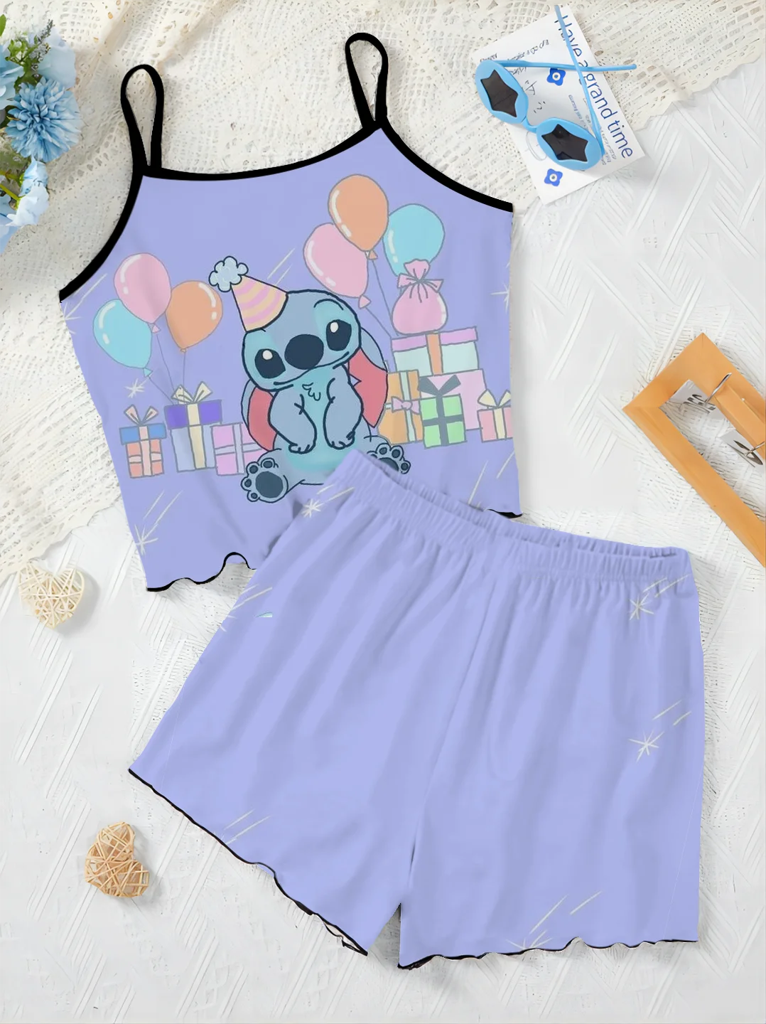 Women's Suit Home Dress T-shirt Lettuce Trim Disney Top Stitch Short Sets Pajama Skirt Pieces Elegant 2-piece Disney Slip Dress