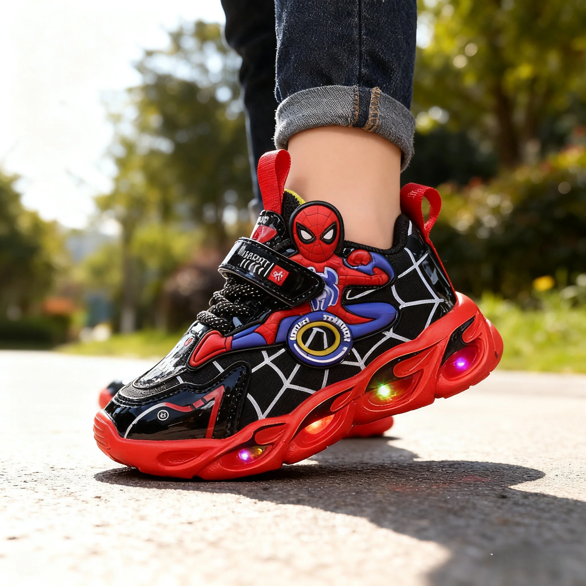 أحذية الأولاد المتوهجة المضيئة للأطفال من الجلد سبايدر مان أحذية رياضية فردية للأطفال أحذية أطفال مضيئة بإضاءة LED أحذية رياضية خفيفة لامعة #2