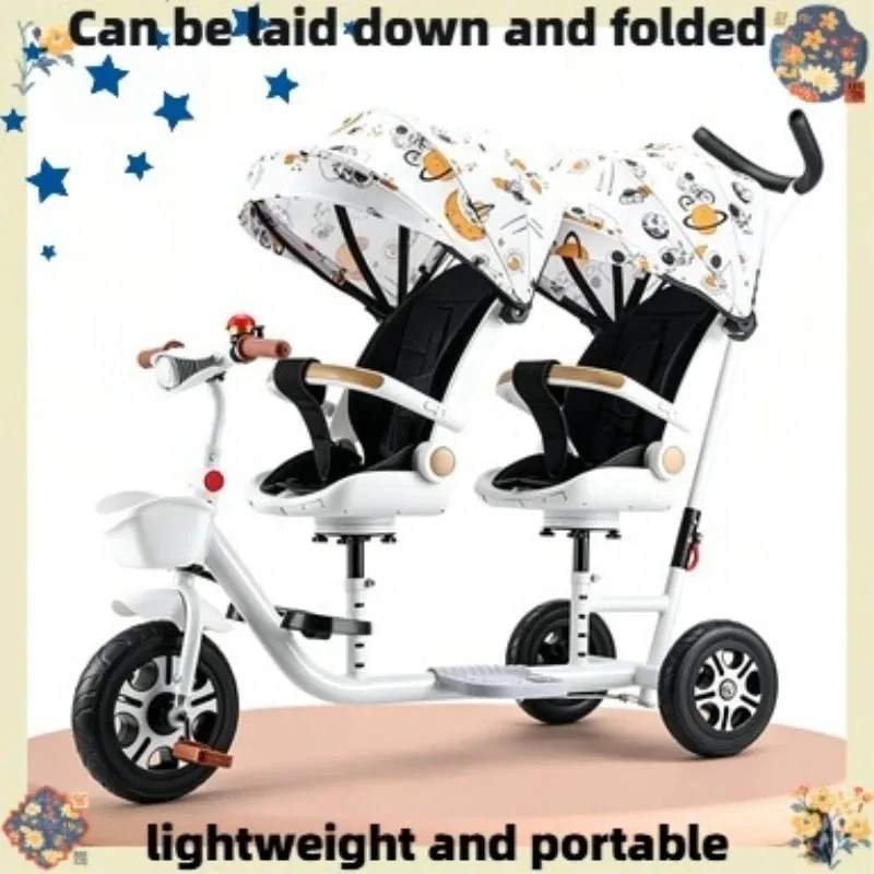 

Height Adjustable Twin Tricycle, Reclining Seat Design, Portable Folding Multifunctional Kids Outdoor