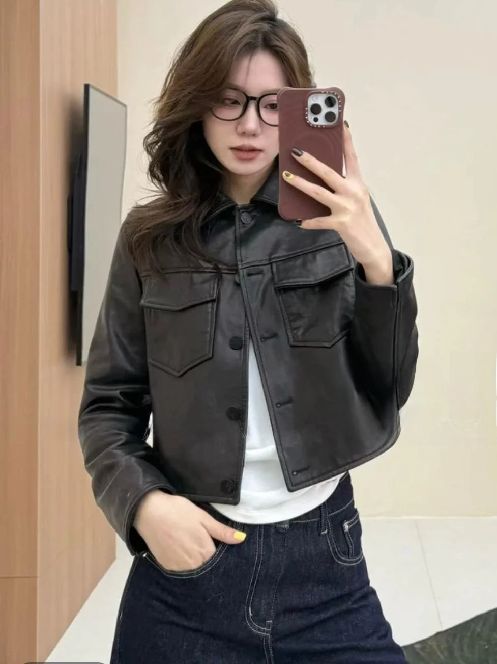 

Cool Girl Biker ort Leather Jaet Single Button Stand Collar Design Small Size Spring 2025 Faion Ladies' eepskin Coat