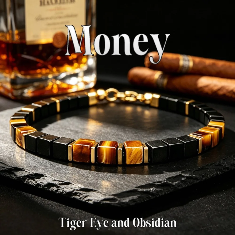 Vintage-style tiger eye and obsidian square bead money bracelet, attracts wealth, abundance, and prosperity, a skin-friendly jewelry suitable for daily wear, the best gift choice for friends