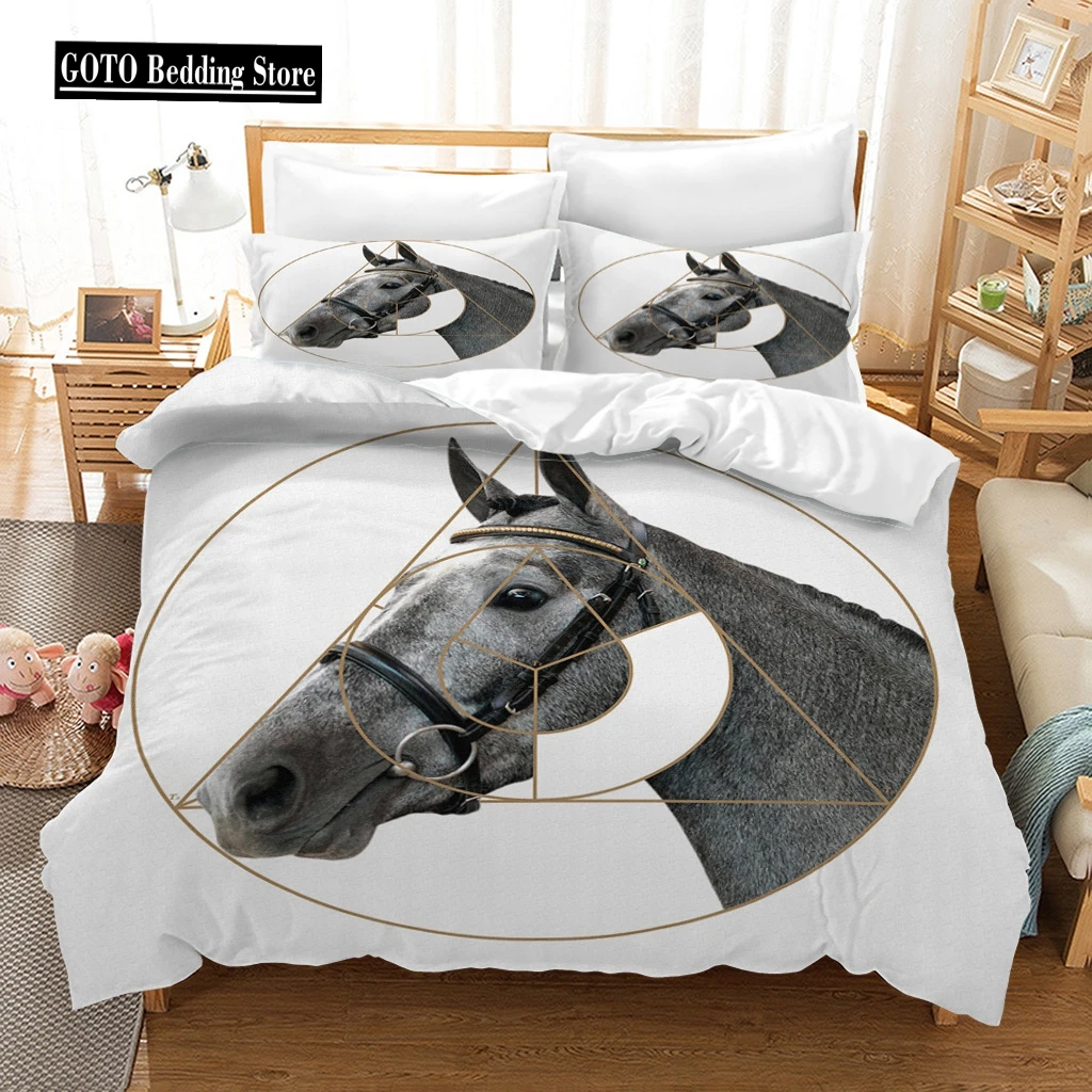 Gold Line Horse Quilt Cover Set for Queen Size Super Soft Comfortable Duvetcover Pillowcase Print Animal  Bedding Set Luxury