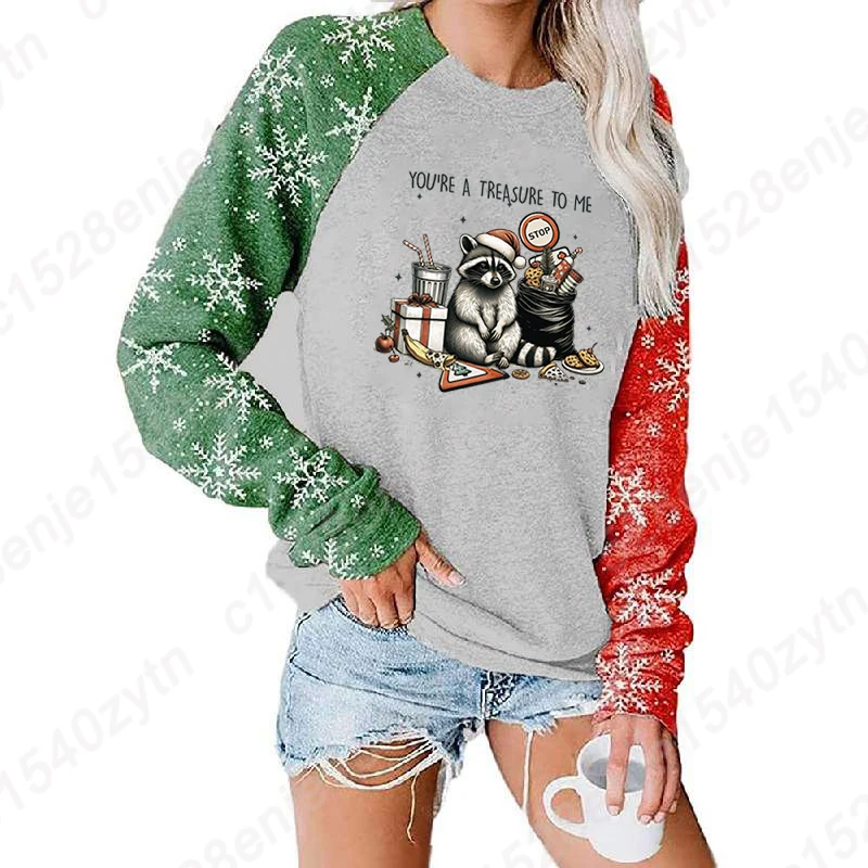 S-XXL Plus Size Tops Autumn And Winter Women Clothes Christmas Racoon You're A Treasure Of Me Print  Ladies Pullover Sweatshirts