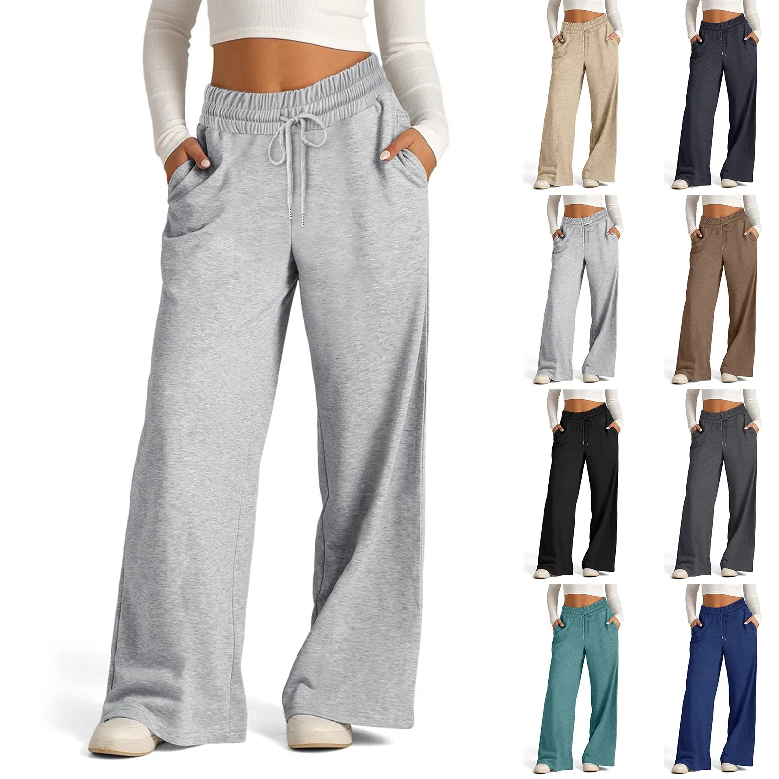 أزياء السيدات الكلاسيكية عادي اللون عالية الخصر واسعة الساق Sweatpants عارضة ومتعددة الاستخدامات مريحة اليوغا ركض السراويل #6