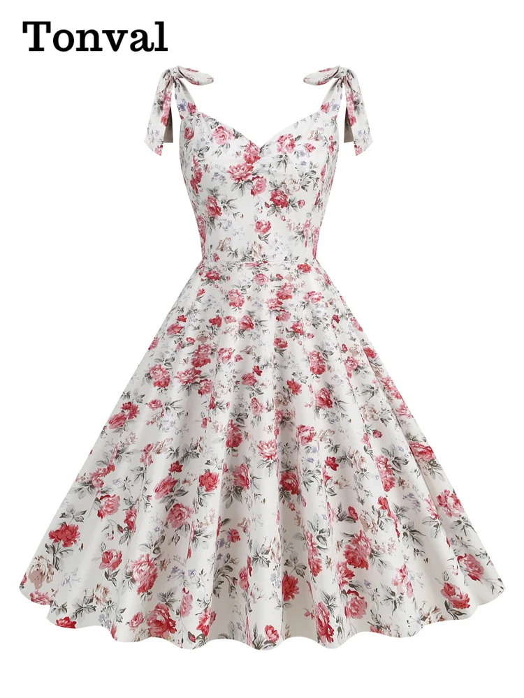 Tonval Knot Strap V-Neck Floral Cotton Women Vintage Dress Party Evening Elegant Luxury Celebrity Summer Ladies Dresses