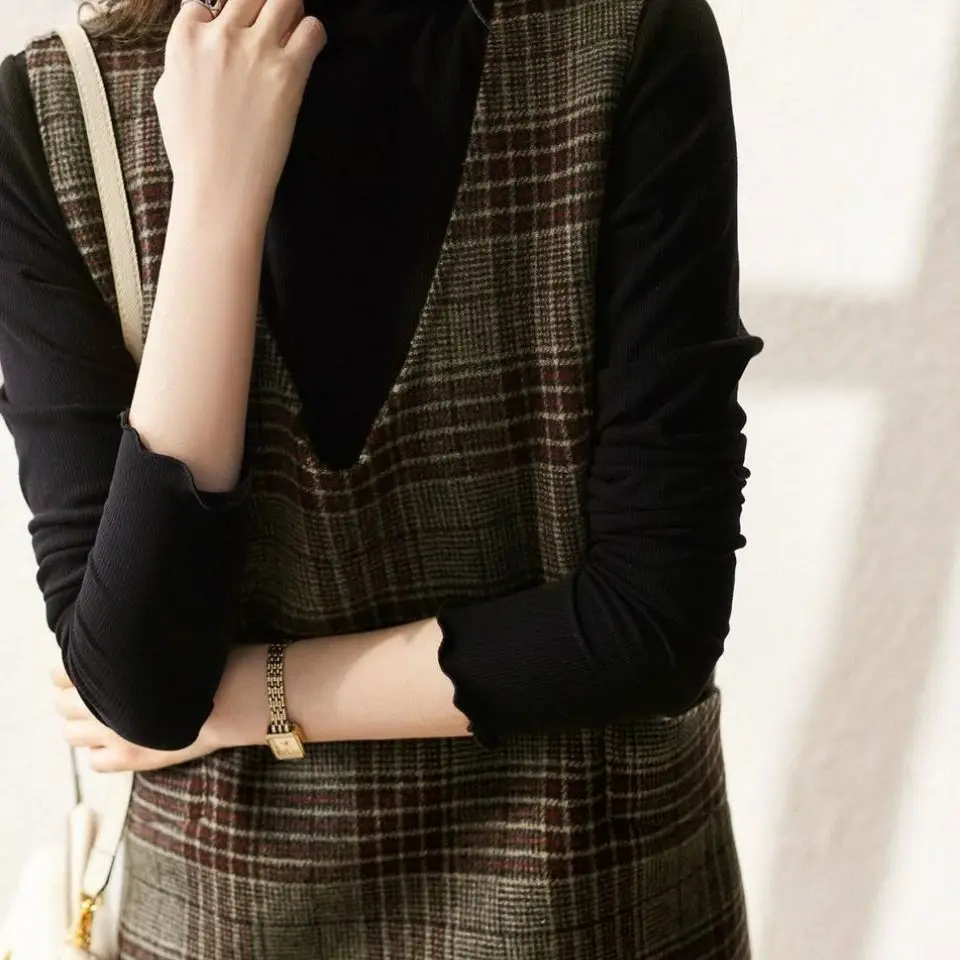 Women\'s Spring And Autumn New Mid-Length Slim A-Line Tweed Wool Vest Dress Ladies