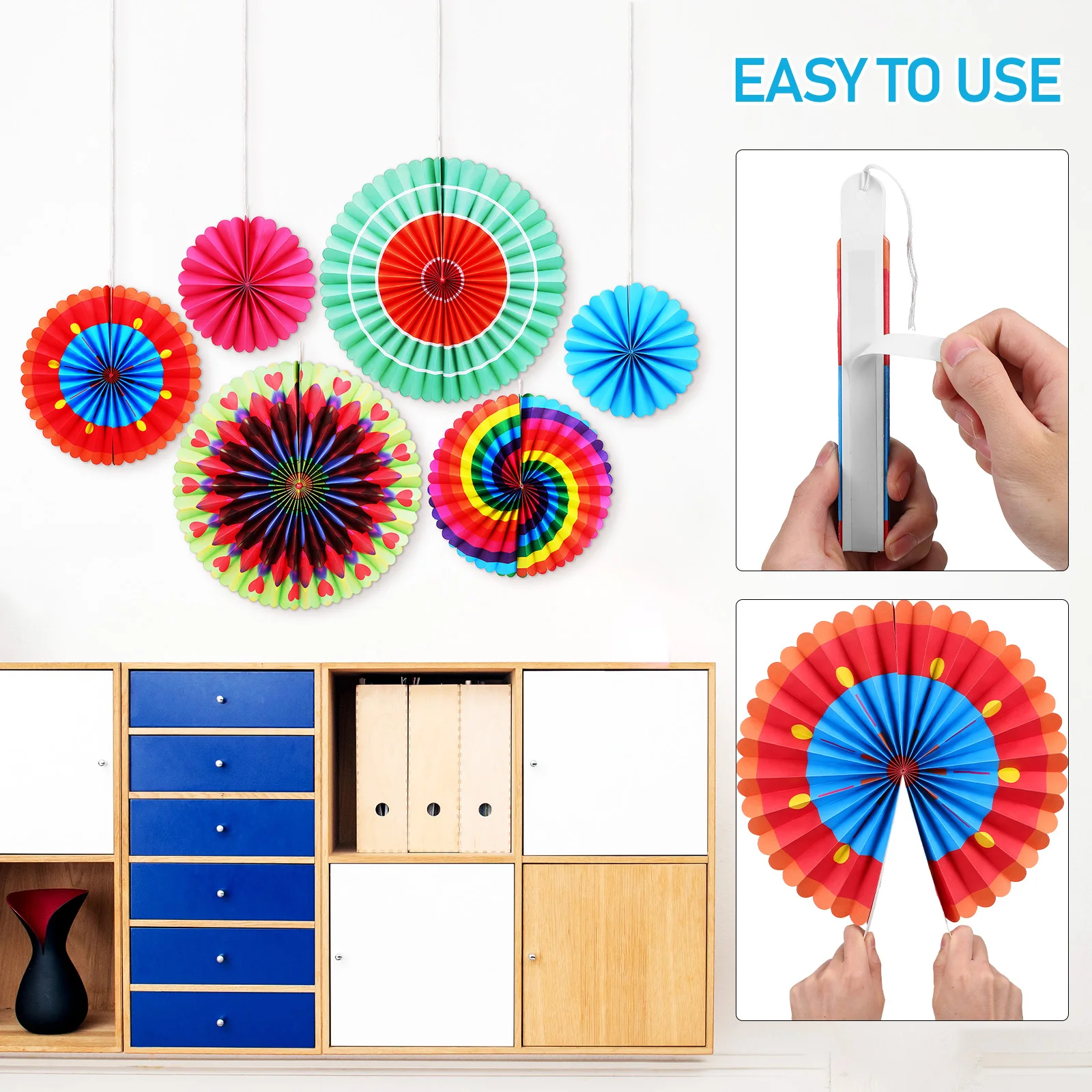 

6pcs Round Folding Paper Fans Colorful Party Decorations Wedding Christmas Home Hanging Festive Crafts Bird Tail Design Easy