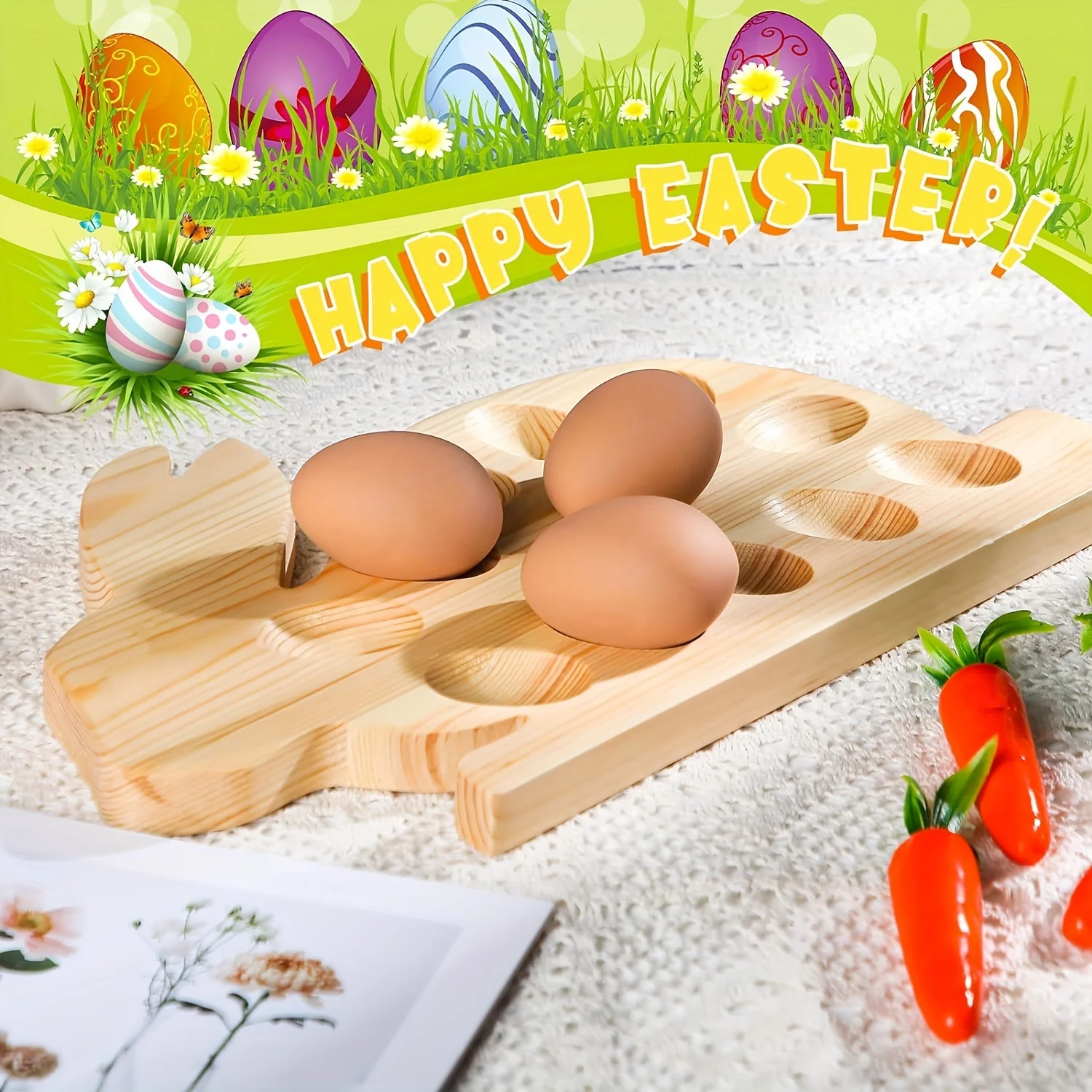 1pc Bunny Egg Holder Easter Rabbit Egg Holder, Bunny Plate Egg Tray Deviled Egg Plate Pinewood Deviled Egg Dish For Easter Devil