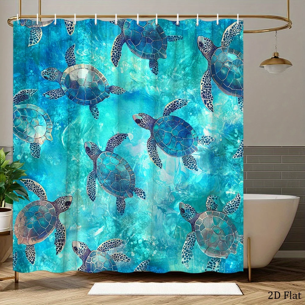 1pc Sea Turtles Shower Curtain - Turquoise Water Mosaic Oceanic Design with 5 Turtles, Polyester Fabric, 70.8x70.8 Inches, 12 Ho