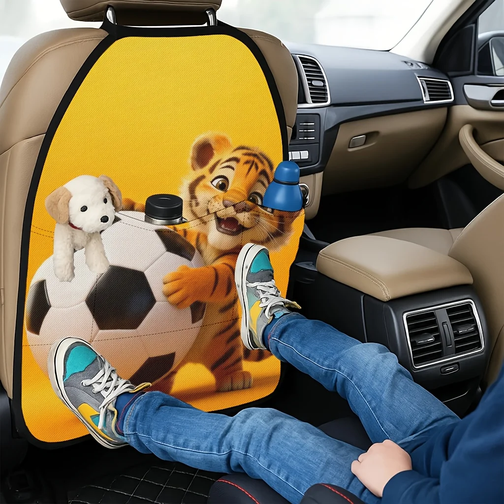 2pcs 2D Printed Car Seat Back Protector Pads Little Tiger Holding Soccer Playful Theme Pattern Printed Car Seat Back Protector P