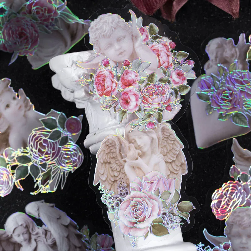 20Pieces PET 3D Laser gold Sticker sculpture painting Flower Package Rose Angel decorative Handmade Account Stickers 120*73mm