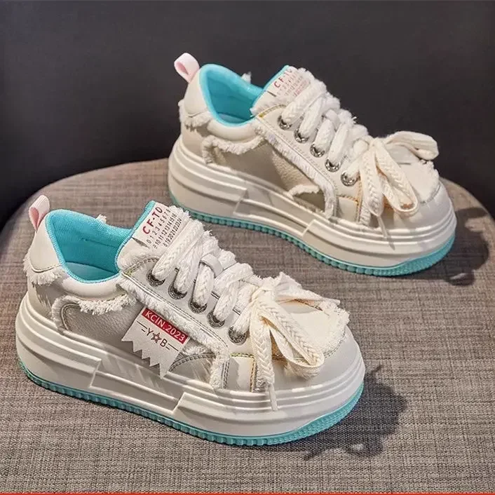 

New women's short and chubby sports high platform leather thick sole vulcanized breathable women's casual dad shoes