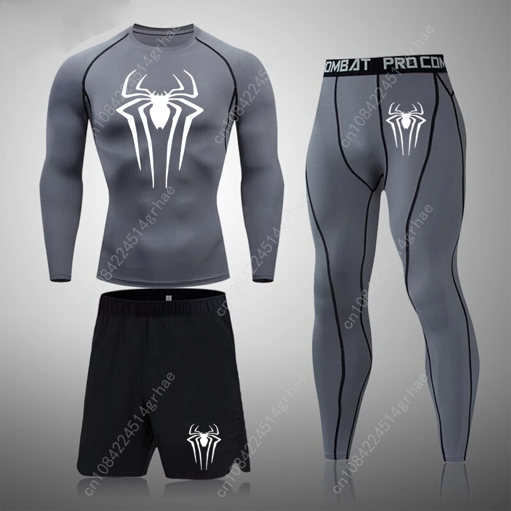 ชุดออกกำลังกายผู้ชายลายซูเปอร์สไปเดอร์แมน เสื้อแขนยาว + กางเกงฟิตเนส + กางเกงขาสั้นกีฬา ชุดรัดกล้ามเนื้อ แห้งเร็ว
