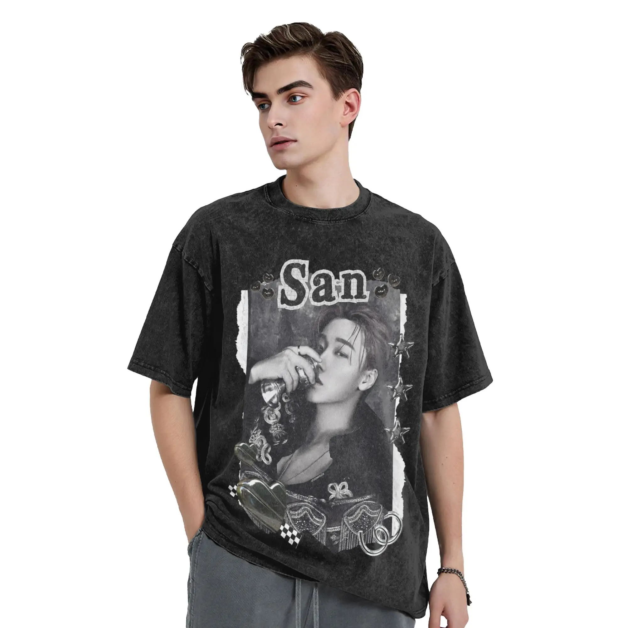 Kpop Boy Group A-Ateez San Washed T Shirts Streetwear  Retro T-Shirt  Tees for Men Women Cotton Oversize Summer