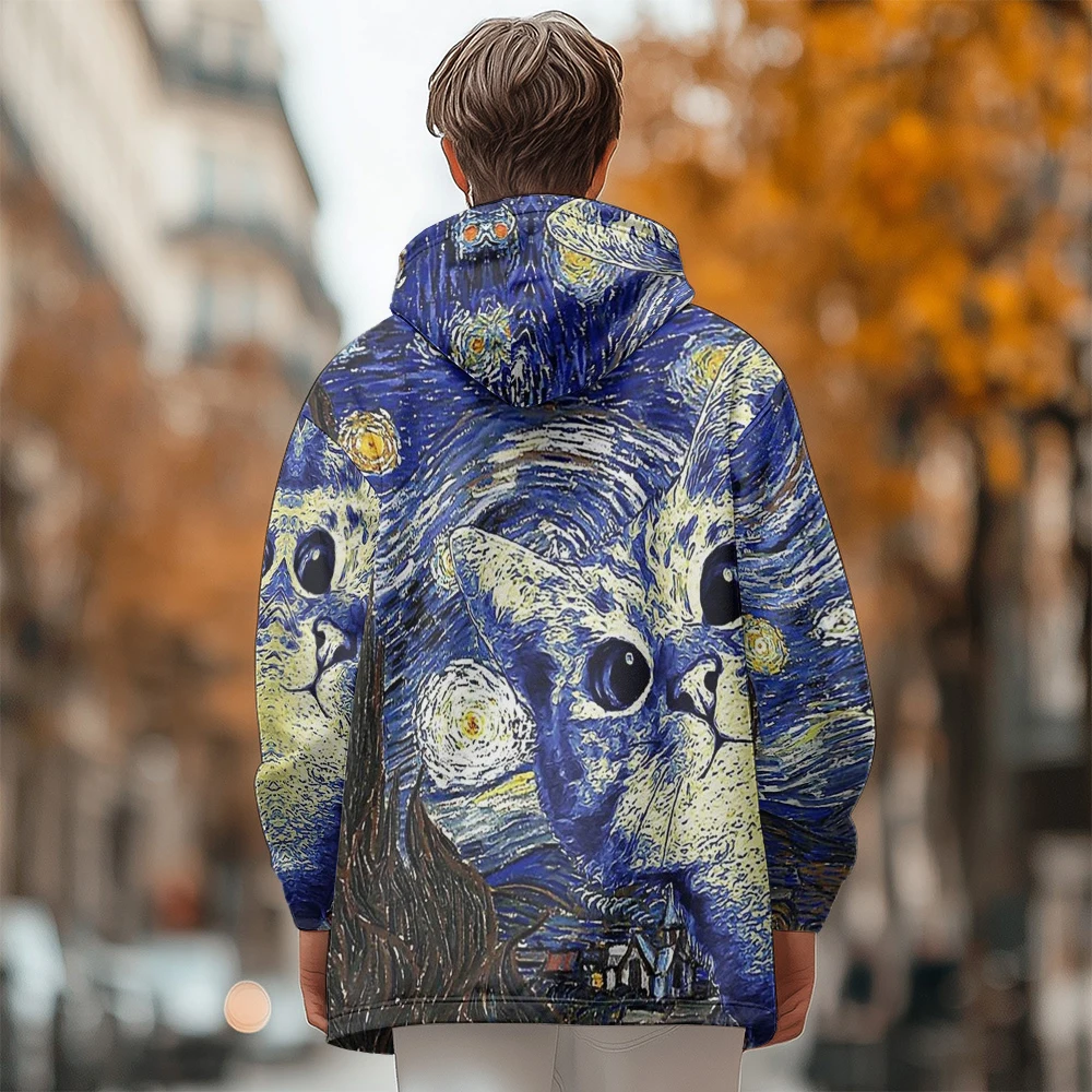 Man winter clothing, New in Down Coats, Abstract style Stars and cats cotton-padded jacket clothing, feather print pocket zipper