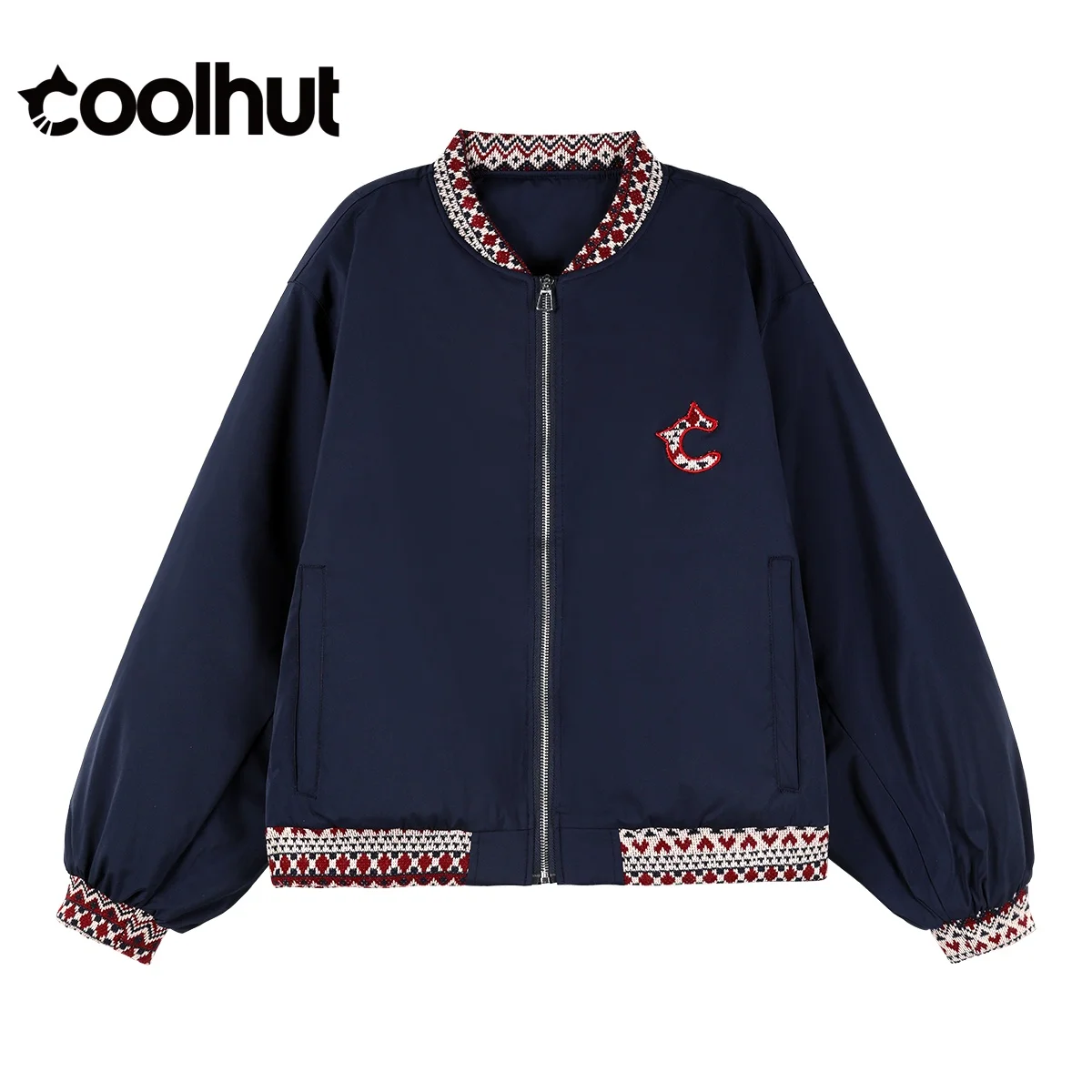 

COOLHUT Women's 2025 Vintage Ethnic Jacquard Baseball Jacket | Retro Tribal Padded Bomber Coat | Unique Patchwork Winter Design