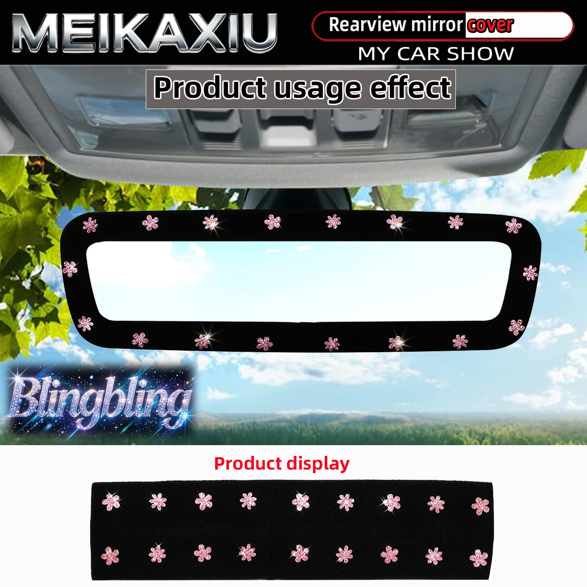 Pink Shimmering Small Flower Fabric Rearview Mirror Cover for Car Interior Women's Decorative Accessory