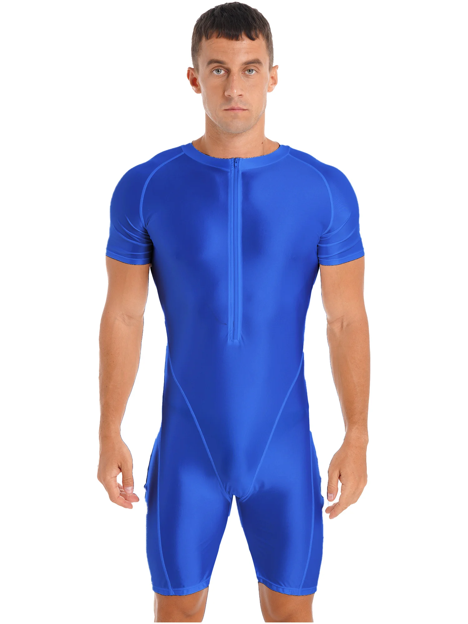 Men Glossy One-Piece Swimsuit Short Sleeve Zipper Jumpsuit Solid Color Bodysuit Surfing Swimwear Beachwear Gym Fitness Sportwear