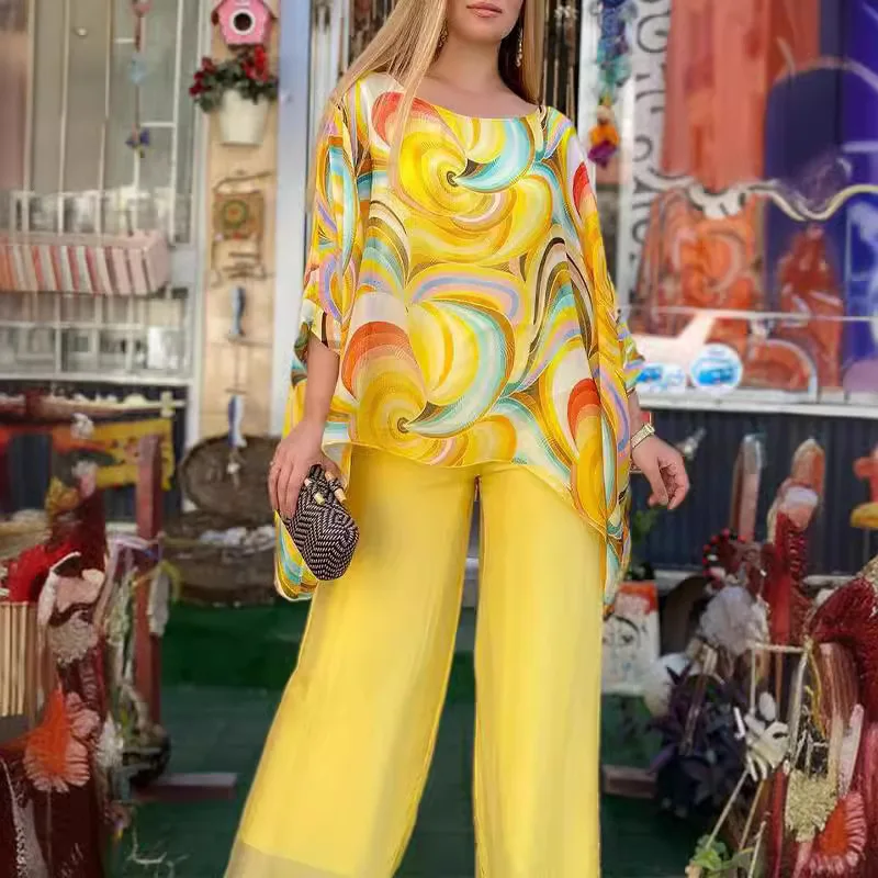 

Women Summer New Two-Piece Set Colorful Chiffon Casual Round Neck Printed Long Sleeve Blouse & High Waist Pants 2-pcs Clothing ﻿