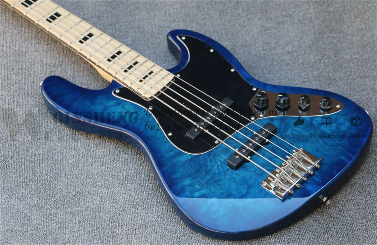 5 Strings Bass Guitar Jaz Blue Bass Mahogany Body Squilted Maple Top Maple Fingerboard Fixed Bridge Black Pickguard