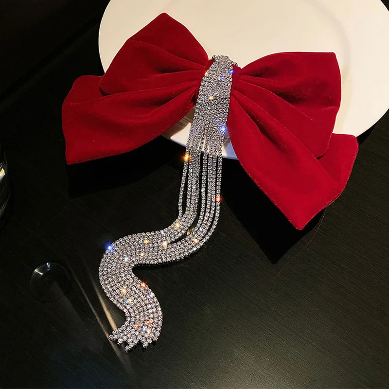 Bridal Red Bow Hair Claws for Women Engagement Rhinestone Tassels Hairpin Wedding Girls Hair Accessories Wholesale