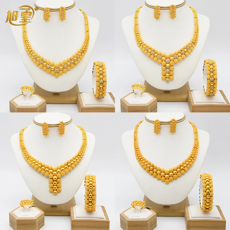 XUHUANG Dubai 2024 Gold Color Necklace Bracelet Jewelry Set For Women Ethiopian Arabic Charm Necklace Choker Set Wedding Gifts