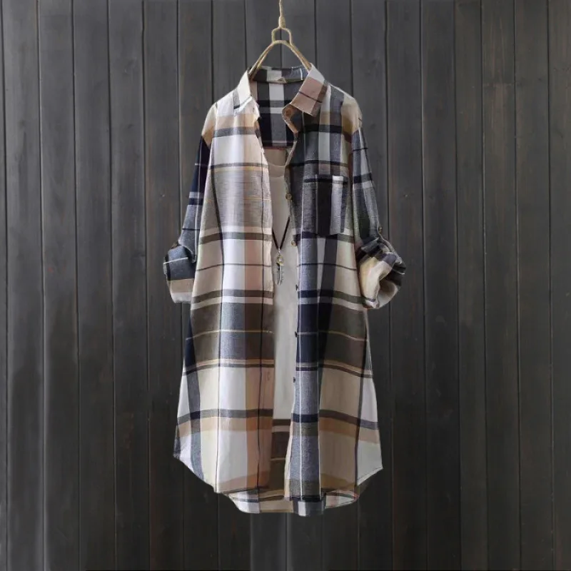 Elegancka bluzka damska Modna luźna koszula damska w kratę z guzikami - idealna na wiosnę/lato