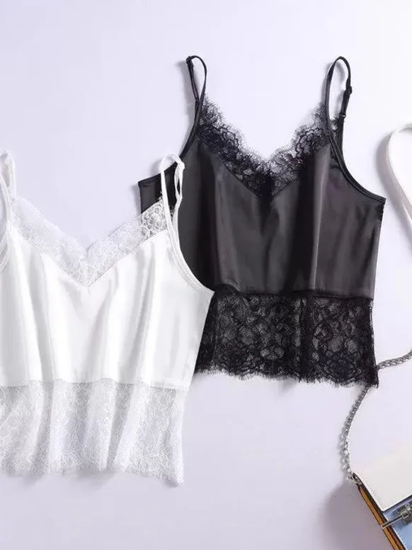 plus Size Lace Hollow Splicing V-Ne Svel Strap Vest Faionable Hemline Inner Wear Loose Top for Women