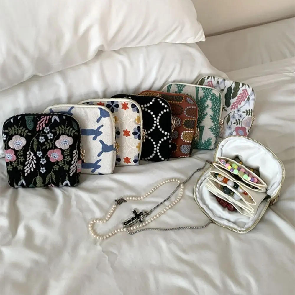 

Multi-Layered Embroidered Jewelry Storage Bag Embroidery Cotton Linen Bracelet Display Pouch Fashion Elegant Women's Wallet