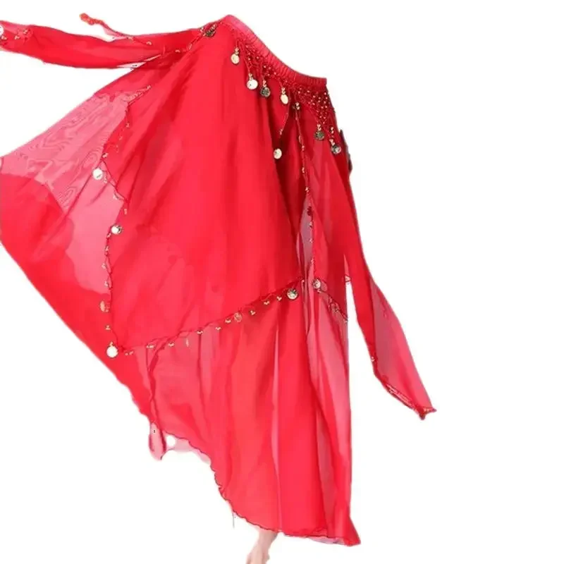 

Women Belly Dance Long Skirt with Coins Chiffon Belly Dancer Costumes Layered Skirt Party Festival Costume