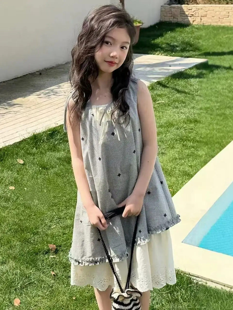 Vestido de Verão para Meninas com Bordado e Renda, Sem Mangas, Estilo Coreano, Saia em A, Corte Solto, Decote Redondo