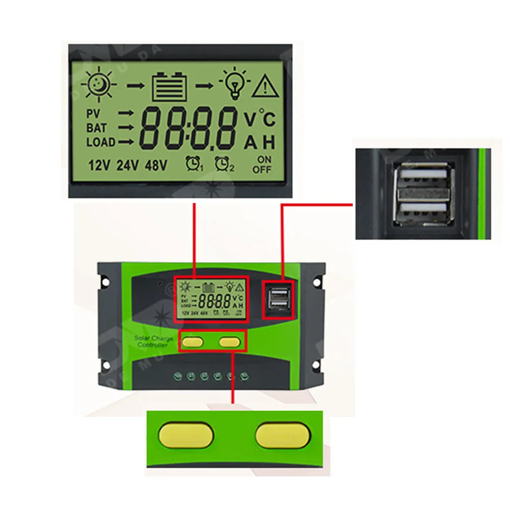 20A 12V 24V Solar Charge Controller Large LCD Screen Dual USB Output Battery Regulator Solar Panel Controller Automatic Voltage