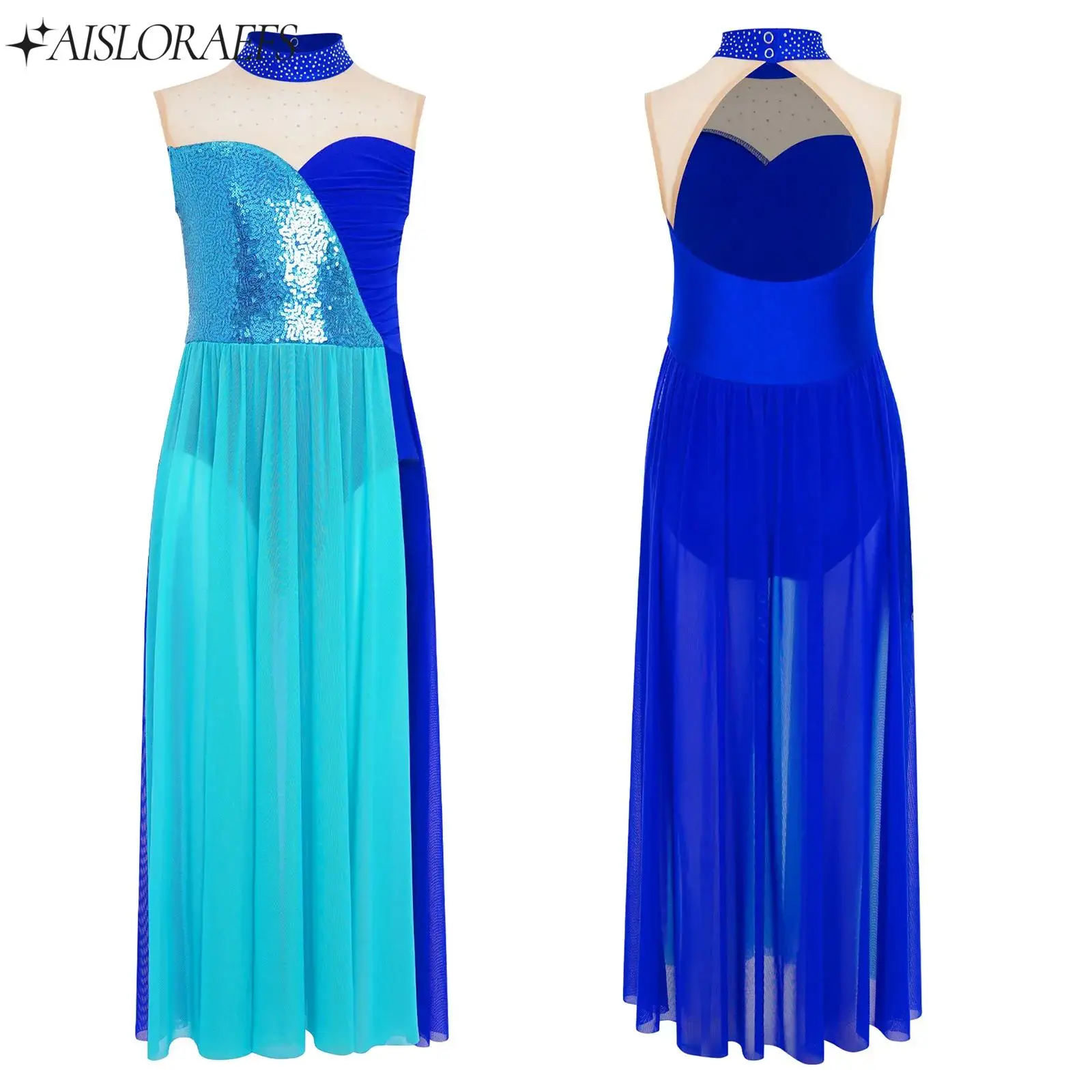 

Kid Girl Ballet Lyrical Modern Dance Dresses Sparkly Sequins Bodice Color Block Side Split Mesh Dress Contemporary Dance Costume