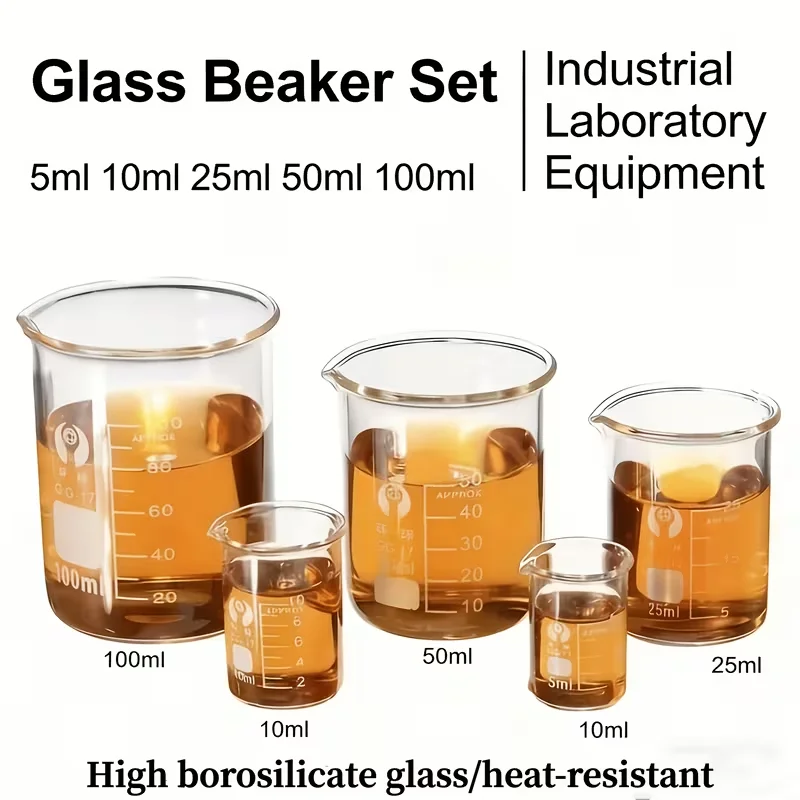 5-Piece Laboratory Glass Beaker Set: 0.17oz, 0.34oz, 0.85oz,1.69oz, 3.38oz, suitable for industrial and scientific applications.