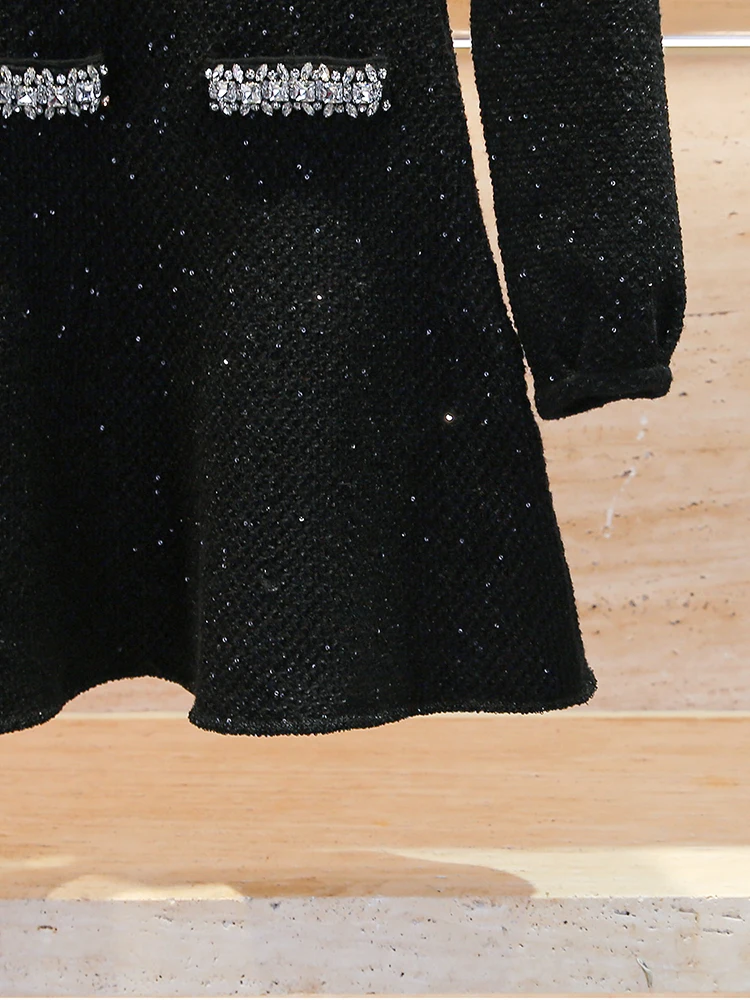 Dr lavorato a maglia di lusso con gonna a trapezio a vita alta Diamo impreziosita Ele Chic Sle Fibra di poliestere Lunga Sve