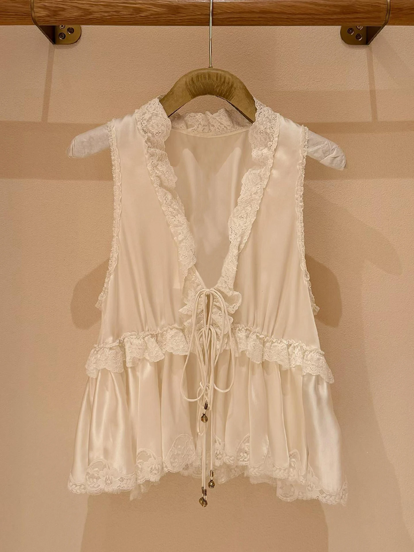 

High-End Summer Cotton Linen Vest Shirt Women's Fashion V-neck Lace Commute Style Pure Color H-shaped Backless Top