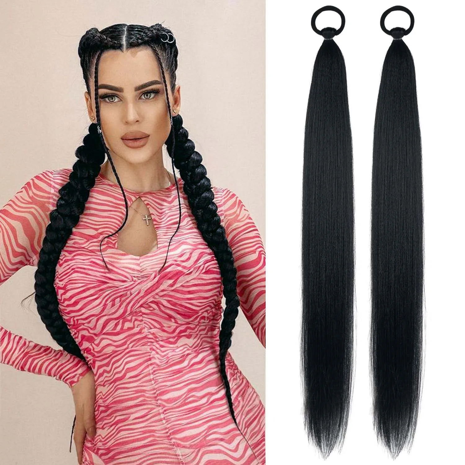 Synthetic 2 Pack Braid Ponytail Extension with Elastic Tie Straight Sleek Wrap Around Braid Hair Extensions Ponytail 26 Inch