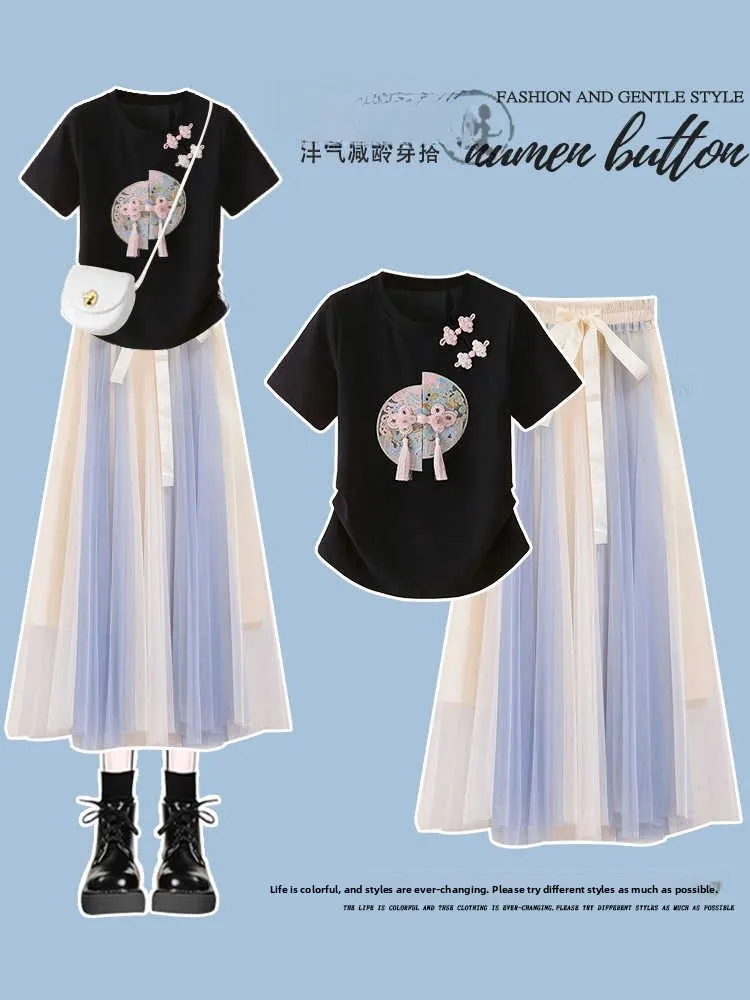 Tenue d'été blanc ort Sve t-shirt et jupe ensemble deux pièces nouveau chinois Sle femmes Faion taille haute jupe trapèze