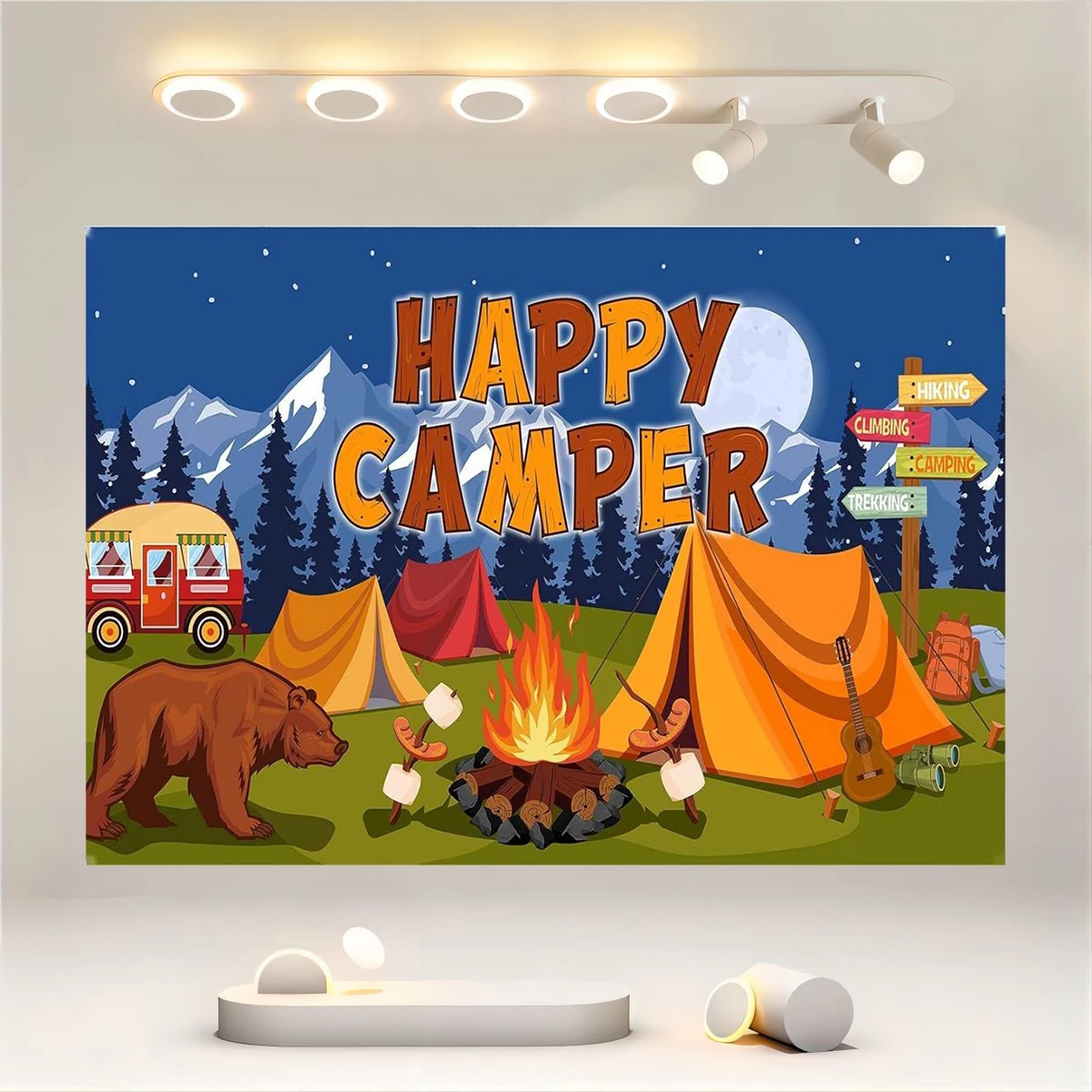 Camping Background Camper Party Decoration Happy Camper Banner Bonfire Forest Adventure Camping Theme Party Background