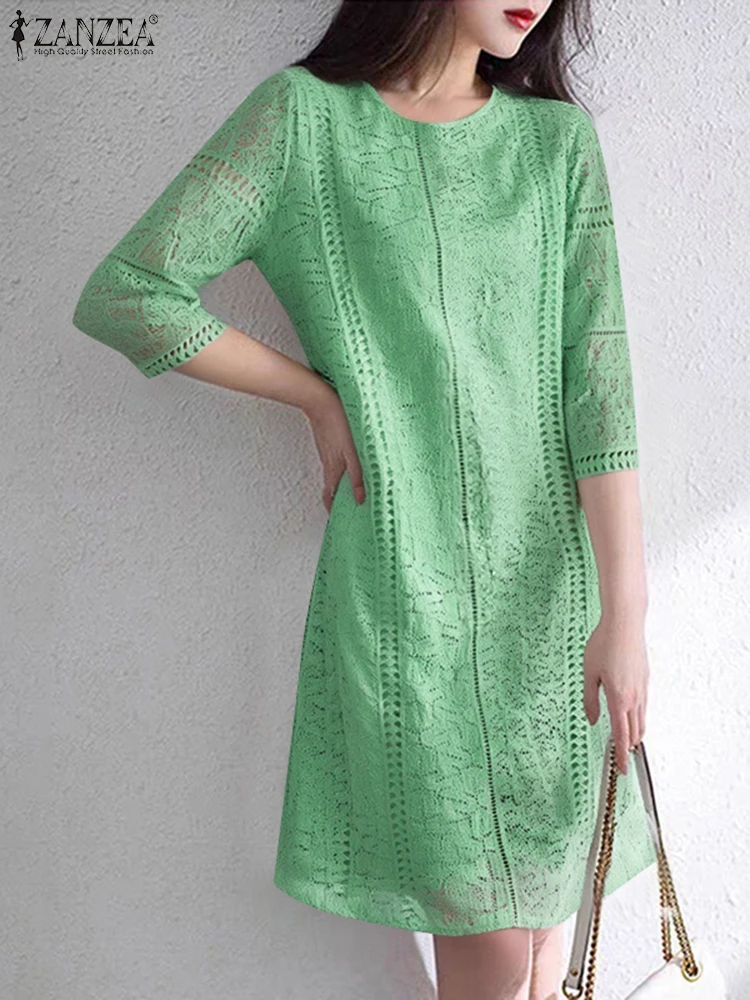 

ZANZEA Elegant Office OL Dresses Women Summer Mini Dress 2025 Fashion 3/4 Sleeve Casual Lace Sundress Solid Color Short Robe
