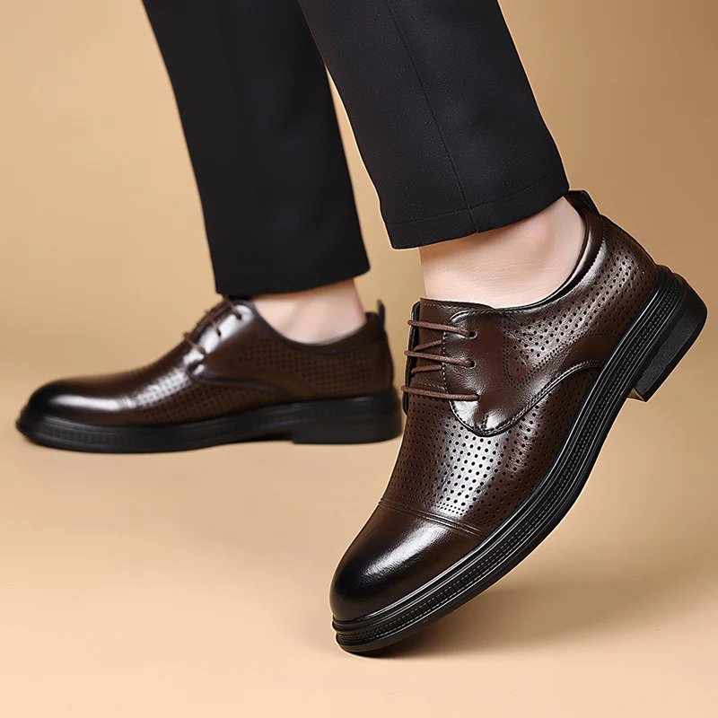 Men's Big Size Perforated Leather Shoes Non-slip Thick Sole Business Casual Shoes for Men