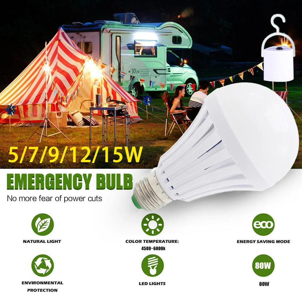 5-12W Baterai Isi Ulang Lampu Pencahayaan dengan Kait LED Lampu Darurat Bohlam E27 Lampu Led untuk Luar Ruangan Berkemah Pencahayaan Bombillas