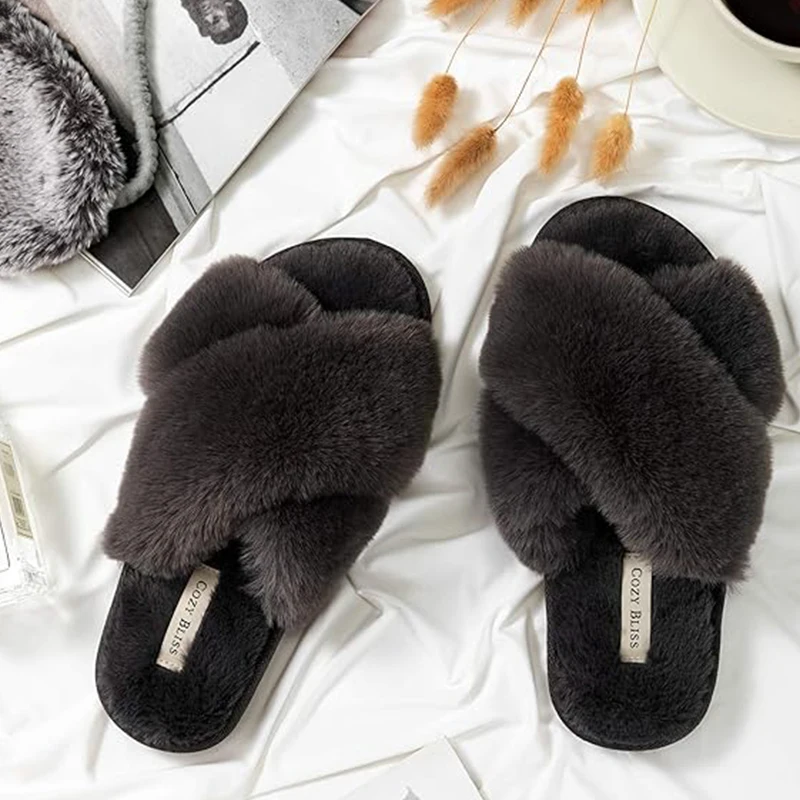 Women\'s Artificial Fur Slippers Cross Band Open Toe Breathable Plush Fluffy Home Grey Slippers