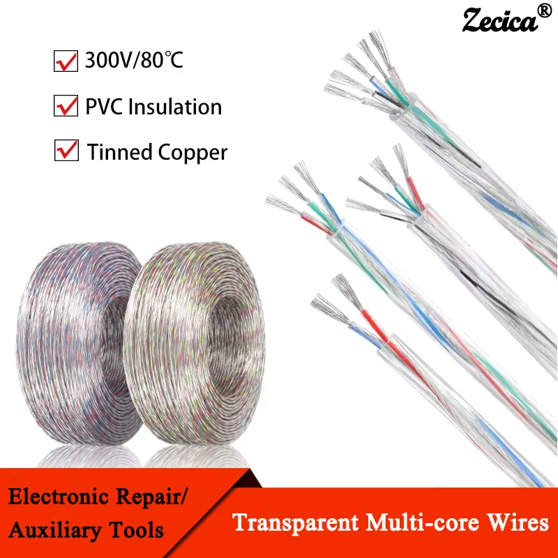 1~20m Electronic Wire 28/26/24/22/20/18/16AWG Transparent PVC Insulation Tinned Copper Cable  2 3 4 5 Cores Power Cord LED Light