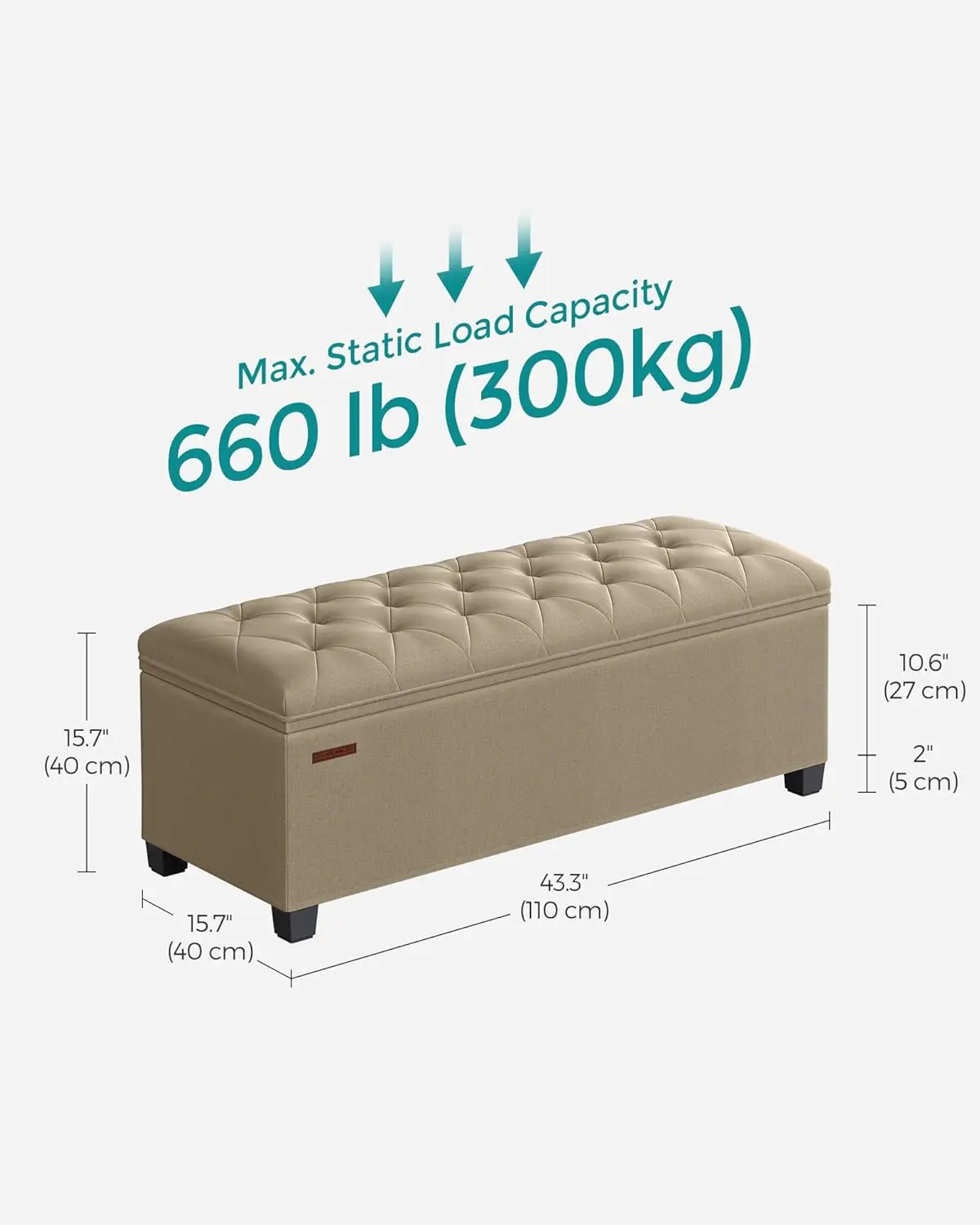 Ottoman Bench, Foot Rest with Legs, 15.7 x 43.3 x 15.7 Inches, End of Bed Bench, Storage Chest, Load up to 660 lb, for Living Ro