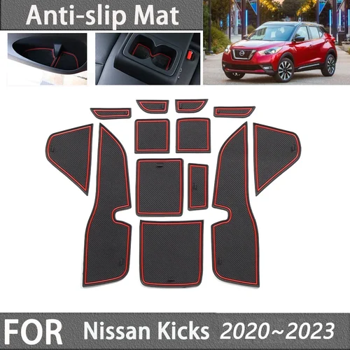 Alfombrilla de goma antideslizante para Nissan Kicks XV D15 2020 ~ 2023 2021, ranura para puerta, ranura para puerta, posavasos, pegatinas interiores para coche, accesorios