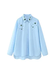 ZADATA 2023 new winter women's casual and versatile loose long-sleeved rhinestone suitable for office commuting shirts