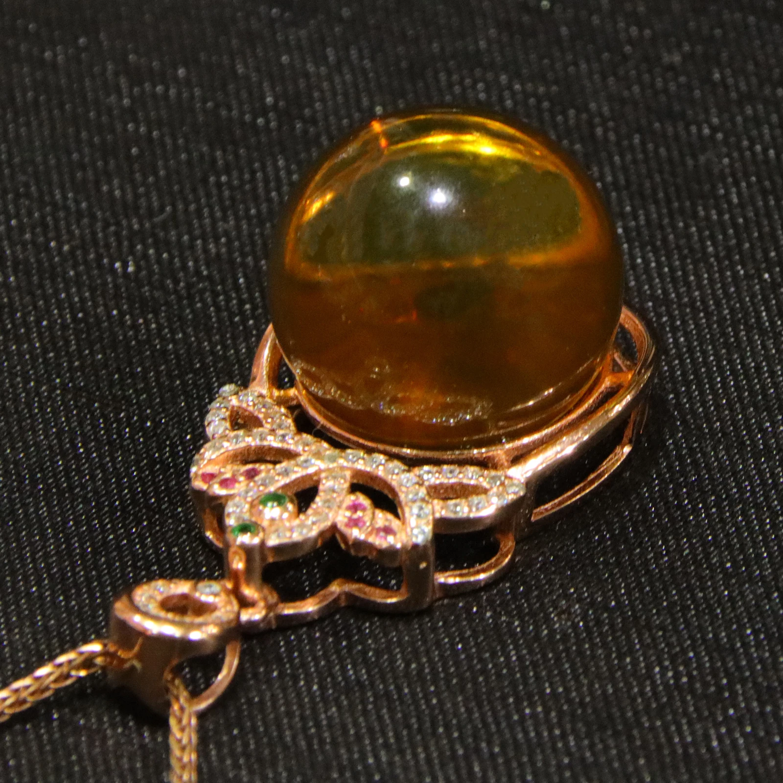 Natural Mexican Blue Amber 17mm Bead Pure Silver Pendant encircled with Natural Zircon Stones Flower Shaped Bail and Pure Silver