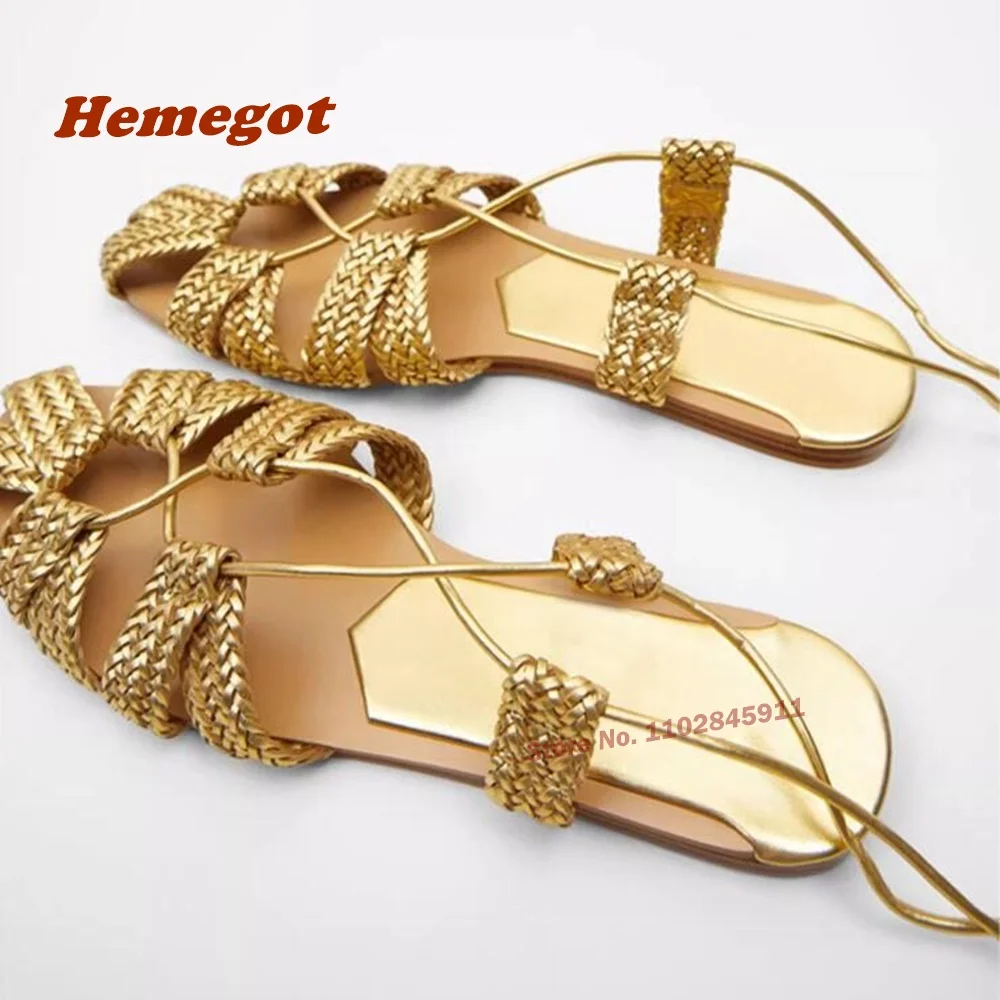 

Gold Knit Flat Sandals Roman Round Toe Hollow Out Cross Strappy Lace Up Women's Sandals Bohemian Summer Solid Party Casual Shoe