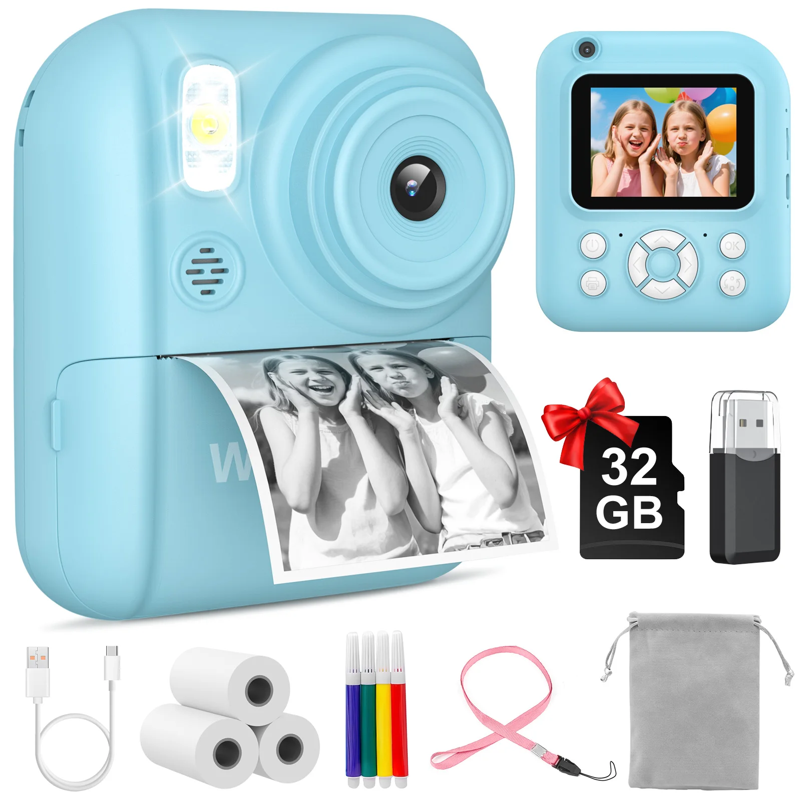 Tragbare Digitalkamera für Kinder, 2,4 Zoll, 1080P, Dual-Kamera, MP3-Wiedergabe, Mini-Sofortbildkamera mit 3 Rollen Druckpapier